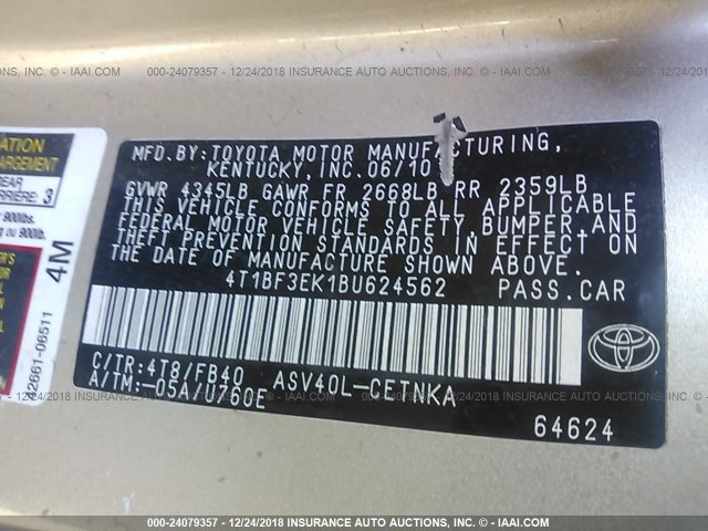 4T1BF3EK1BU624562 - 2011 TOYOTA CAMRY SE/LE/XLE 金色 照片 9