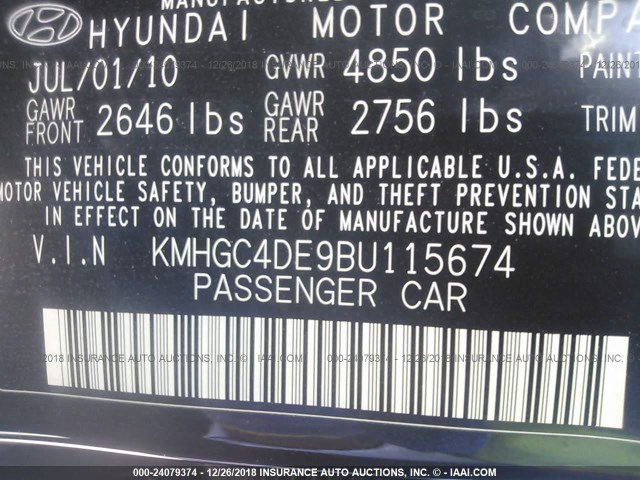 KMHGC4DE9BU115674 - 2011 HYUNDAI GENESIS BLACK photo 9