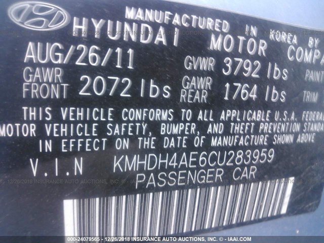 KMHDH4AE6CU283959 - 2012 HYUNDAI ELANTRA GLS/LIMITED Light Blue photo 9