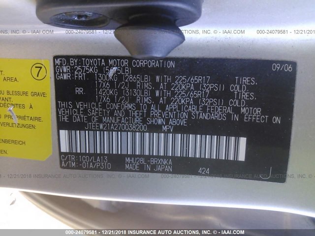 JTEEW21A270038200 - 2007 TOYOTA HIGHLANDER HYBRID SILVER photo 9