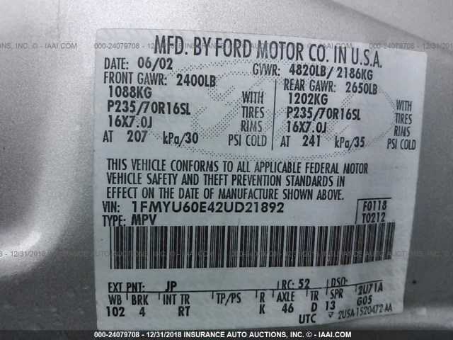 1FMYU60E42UD21892 - 2002 FORD EXPLORER SPORT SILVER photo 9