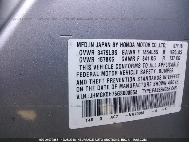 JHMGK5H76GS008558 - 2016 HONDA FIT EX/EXL SILVER photo 9