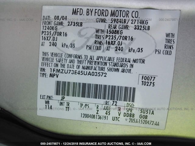 1FMZU73E45UA03572 - 2005 FORD EXPLORER XLT/XLT SPORT/NBX SILVER photo 9