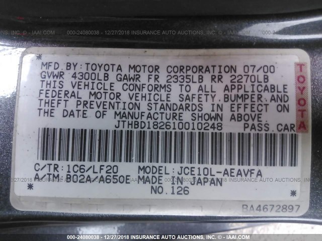 JTHBD182610010248 - 2001 LEXUS IS 300 GRAY photo 9