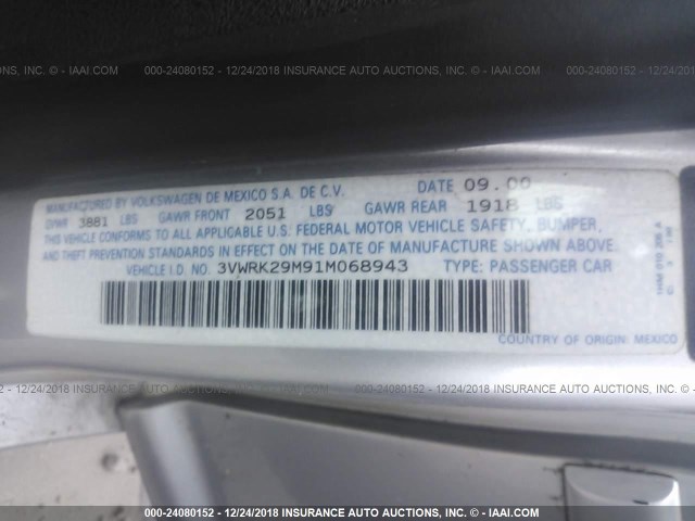 3VWRK29M91M068943 - 2001 VOLKSWAGEN JETTA GL SILVER photo 9