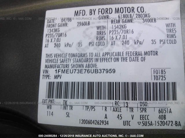 1FMEU73E76UB37959 - 2006 FORD EXPLORER XLT GOLD photo 9