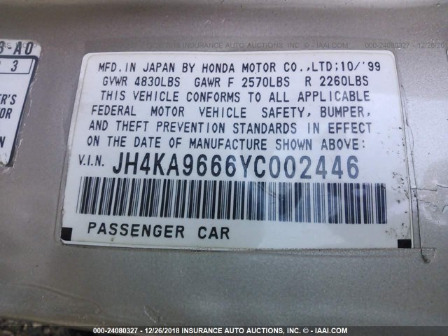 JH4KA9666YC002446 - 2000 ACURA 3.5RL GOLD photo 9