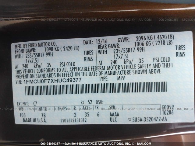 1FMCU0F7XHUC49377 - 2017 FORD ESCAPE S BROWN photo 9