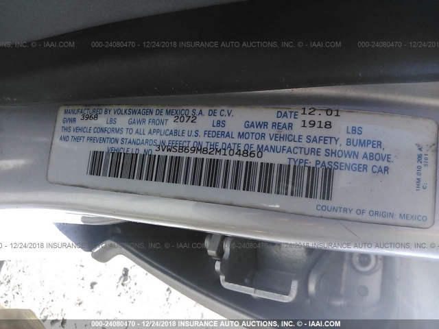 3VWSB69M82M104860 - 2002 VOLKSWAGEN JETTA GLS SILVER photo 9