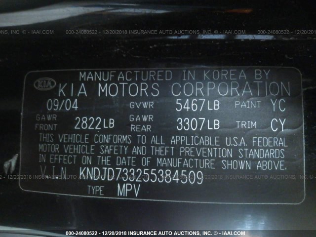 KNDJD733255384509 - 2005 KIA SORENTO EX/LX BLACK photo 9