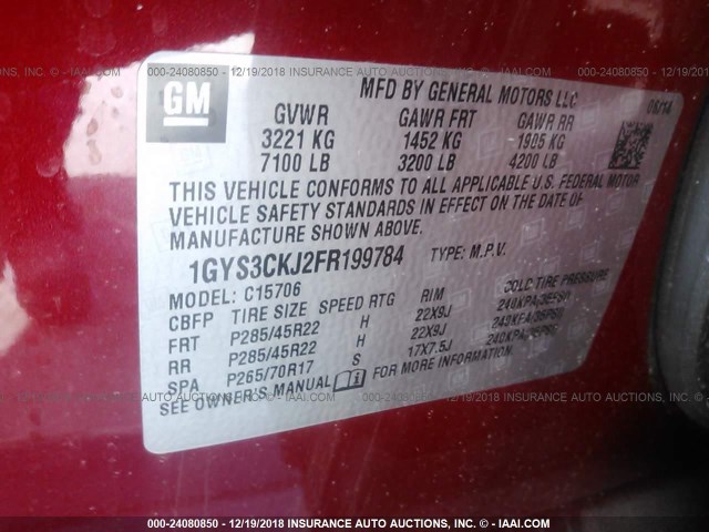 1GYS3CKJ2FR199784 - 2015 CADILLAC ESCALADE PREMIUM RED photo 9