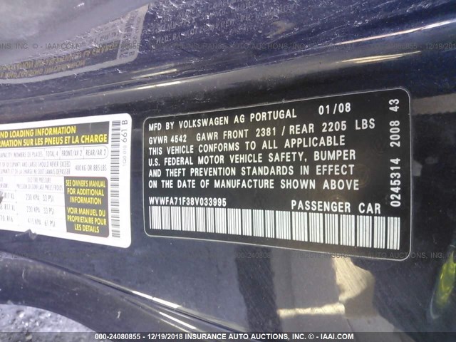 WVWFA71F38V033995 - 2008 VOLKSWAGEN EOS LUX 深蓝色 照片 9