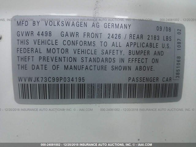 WVWJK73C99P034195 - 2009 VOLKSWAGEN PASSAT WHITE photo 9