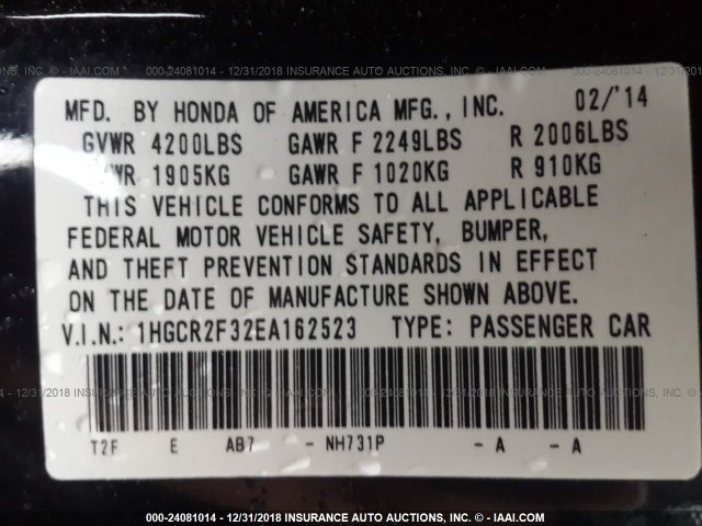 1HGCR2F32EA162523 - 2014 HONDA ACCORD BLACK photo 9