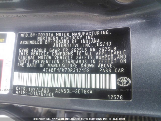 4T4BF1FK7DR312158 - 2013 TOYOTA CAMRY L/SE/LE/XLE 灰色 照片 9
