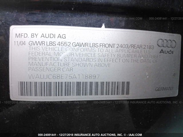 WAUJC68E75A118897 - 2005 AUDI A4 1.8T/1.8T SPECIAL BLUE photo 9