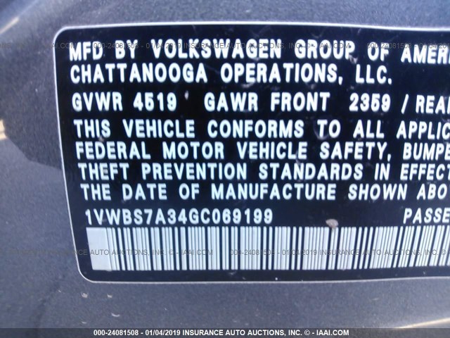 1VWBS7A34GC069199 - 2016 VOLKSWAGEN PASSAT SE GRAY photo 9