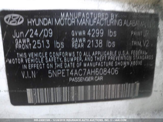 5NPET4AC7AH608406 - 2010 HYUNDAI SONATA GLS WHITE photo 9