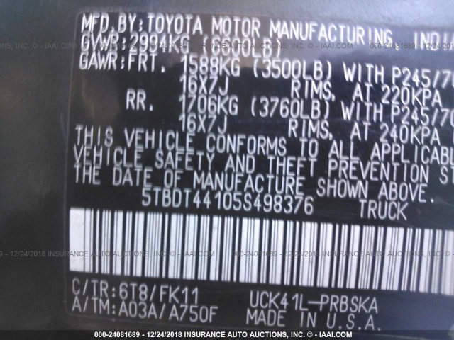 5TBDT44105S498376 - 2005 TOYOTA TUNDRA DOUBLE CAB SR5 GRAY photo 9