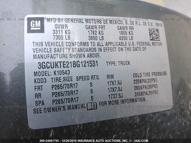 3GCUKTE21BG121531 - 2011 CHEVROLET SILVERADO K1500 LTZ GRAY photo 9