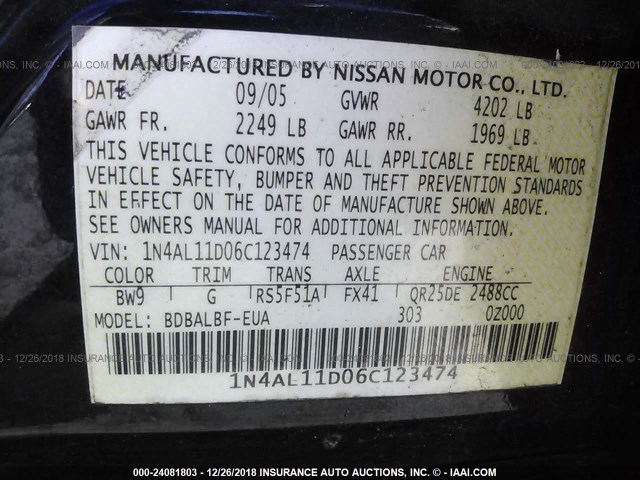 1N4AL11D06C123474 - 2006 NISSAN ALTIMA S/SL BLUE photo 9