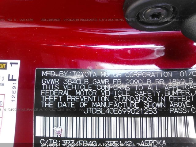 JTDBL40E699021253 - 2009 TOYOTA COROLLA LE/XLE RED photo 9