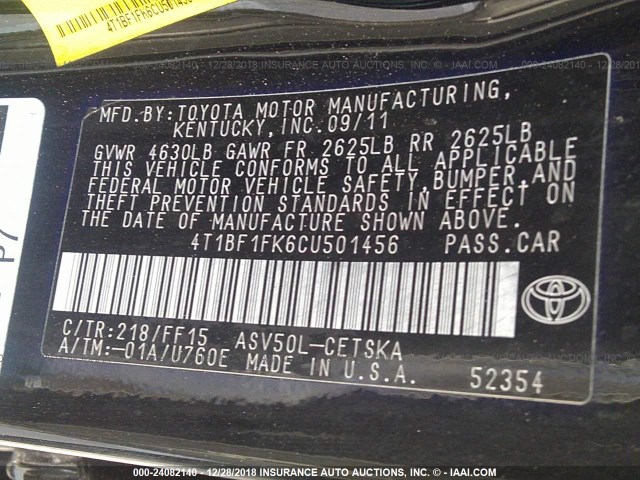 4T1BF1FK6CU501456 - 2012 TOYOTA CAMRY SE/LE/XLE 黑色 照片 9