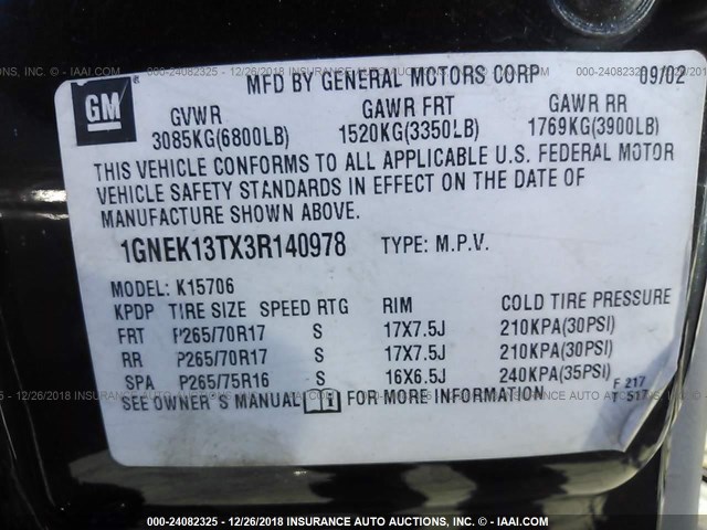 1GNEK13TX3R140978 - 2003 CHEVROLET TAHOE K1500 BLACK photo 9