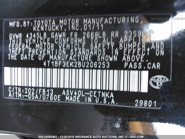 4T1BF3EK2BU206253 - 2011 TOYOTA CAMRY SE/LE/XLE BLACK photo 9