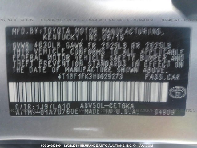 4T1BF1FK3HU629273 - 2017 TOYOTA CAMRY LE/XLE/SE/XSE SILVER photo 9