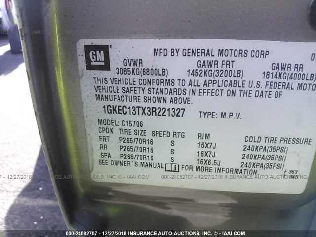 1GKEC13TX3R221327 - 2003 GMC YUKON Champagne photo 9