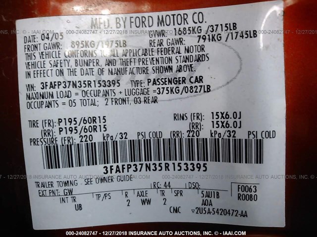 3FAFP37N35R153395 - 2005 FORD FOCUS ZX5 ORANGE photo 9