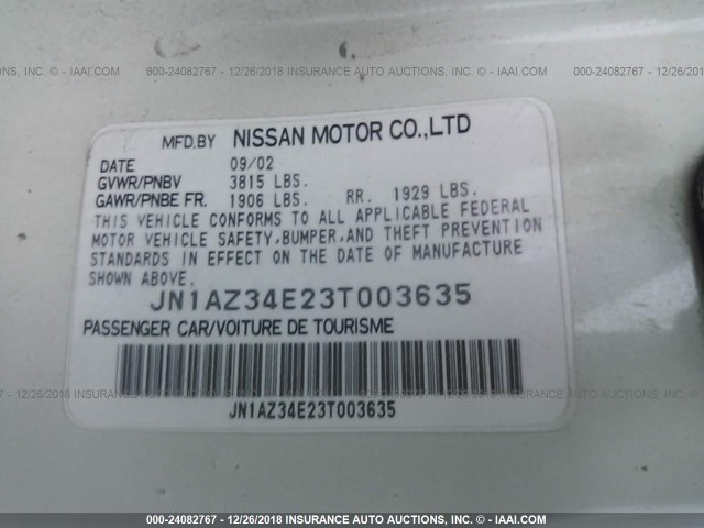 JN1AZ34E23T003635 - 2003 NISSAN 350Z COUPE WHITE photo 9