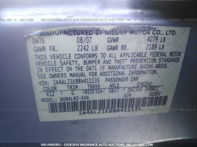 1N4AL21E88N411135 - 2008 NISSAN ALTIMA 2.5/2.5S SILVER photo 9