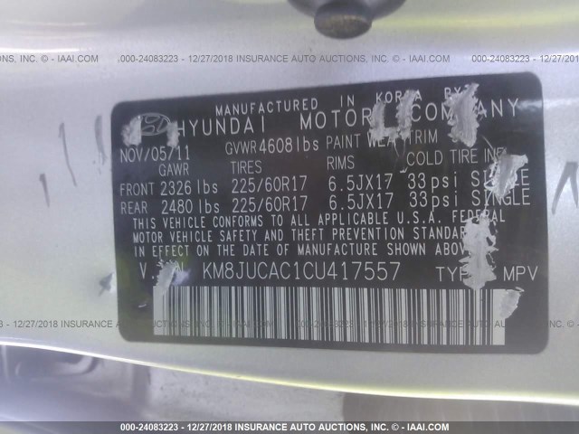 KM8JUCAC1CU417557 - 2012 HYUNDAI TUCSON GLS/LIMITED ვერცხლისფერი ფოტო 9