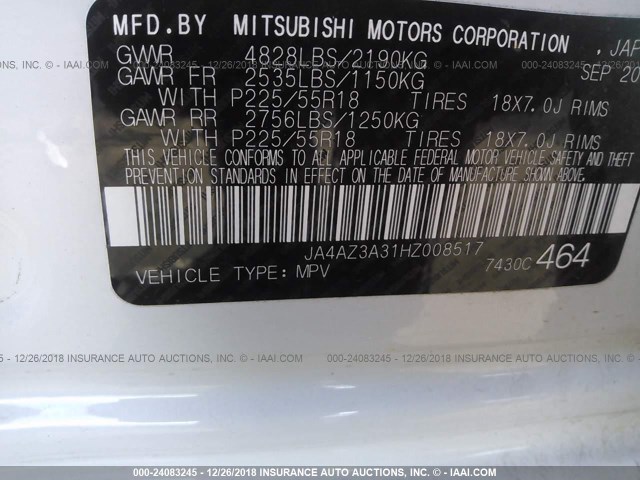 JA4AZ3A31HZ008517 - 2017 MITSUBISHI OUTLANDER SE/SEL WHITE photo 9