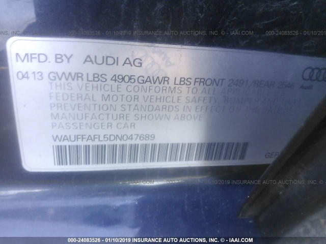 WAUFFAFL5DN047689 - 2013 AUDI A4 PREMIUM PLUS GRAY photo 9