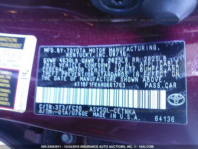 4T1BF1FK4HU661763 - 2017 TOYOTA CAMRY LE/XLE/SE/XSE MAROON photo 9