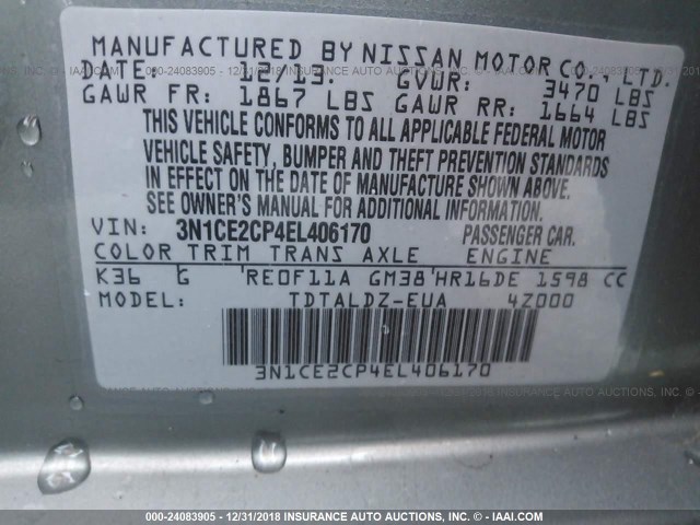 3N1CE2CP4EL406170 - 2014 NISSAN VERSA NOTE S/S PLUS/SV/SL GRAY photo 9