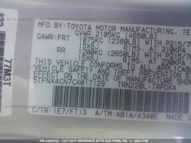 5TFNX4CN7CX017129 - 2012 TOYOTA TACOMA SILVER photo 9