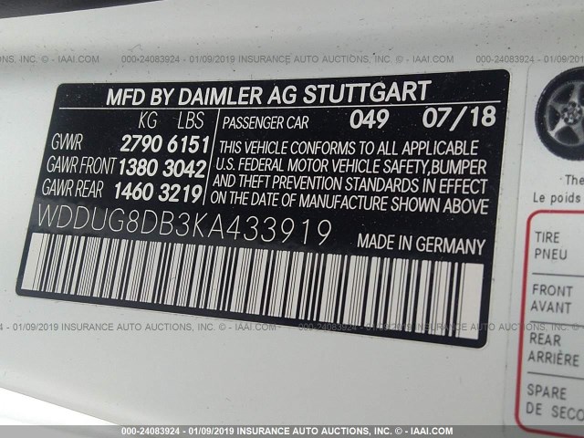 WDDUG8DB3KA433919 - 2019 MERCEDES-BENZ S 560 WHITE photo 9