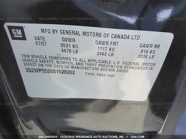 2G2WP552881128262 - 2008 PONTIAC GRAND PRIX GREEN photo 9