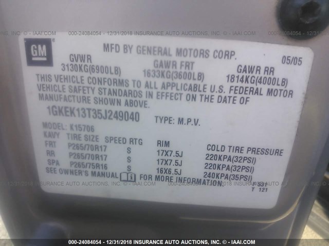 1GKEK13T35J249040 - 2005 GMC YUKON GOLD photo 9