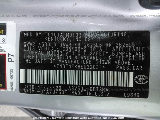 4T1BF1FK8EU320314 - 2014 TOYOTA CAMRY L/SE/LE/XLE 银色 照片 9