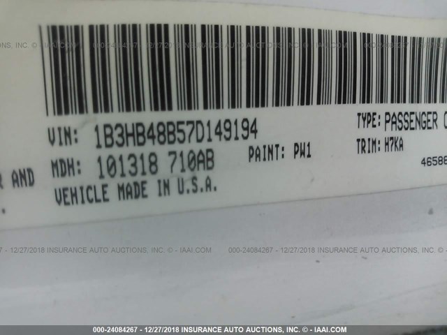 1B3HB48B57D149194 - 2007 DODGE CALIBER SXT WHITE photo 9