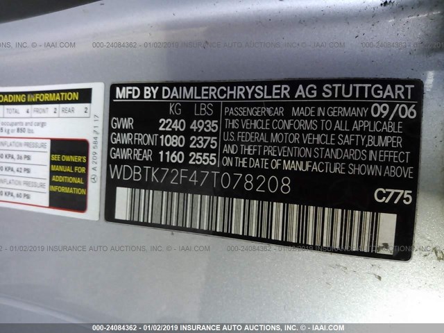 WDBTK72F47T078208 - 2007 MERCEDES-BENZ CLK 550 SILVER photo 9