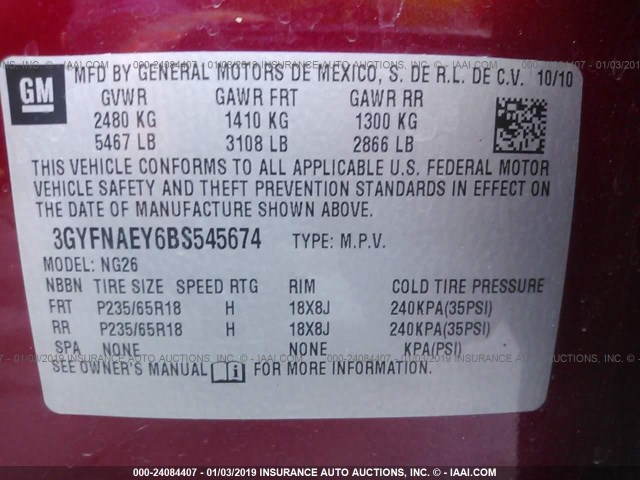 3GYFNAEY6BS545674 - 2011 CADILLAC SRX LUXURY COLLECTION RED photo 9