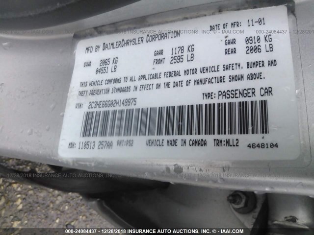 2C3HE66G02H149975 - 2002 CHRYSLER 300M SILVER photo 9