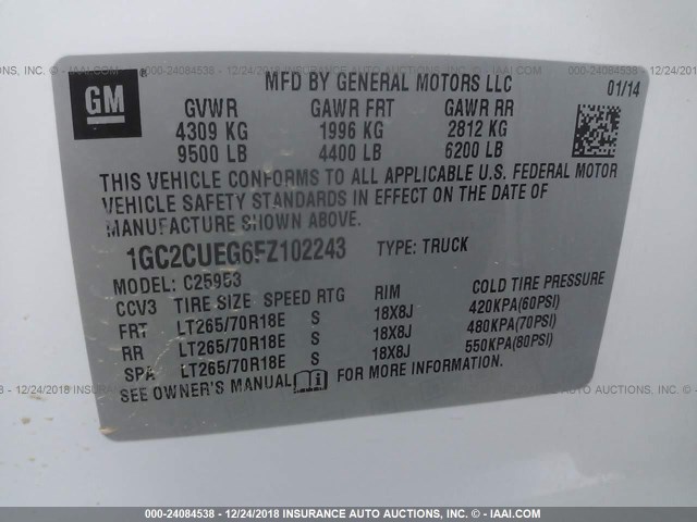 1GC2CUEG6FZ102243 - 2015 CHEVROLET SILVERADO C2500 HEAVY DUTY WHITE photo 9