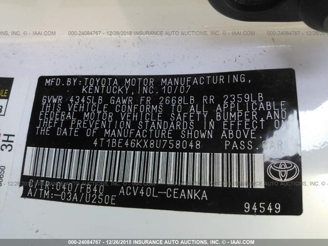 4T1BE46KX8U758048 - 2008 TOYOTA CAMRY CE/LE/XLE/SE WHITE photo 9